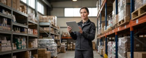 Warehouse manager reviewing inventory on tablet