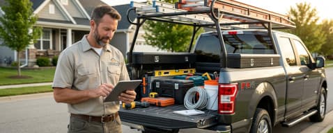 Contractor reviewing job schedule on tablet by work truck